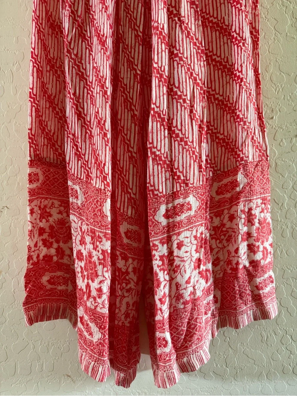 Free People, large, red & white boho-patterned strapless wide-leg jumpsuit